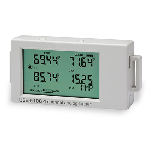 USB-5106 - Registrador con pantalla LCD de 4 canales de alta precisión para voltaje DC, 4~20mA o sensores de temperatura. Capacidad de 1.9 millones de mediciones